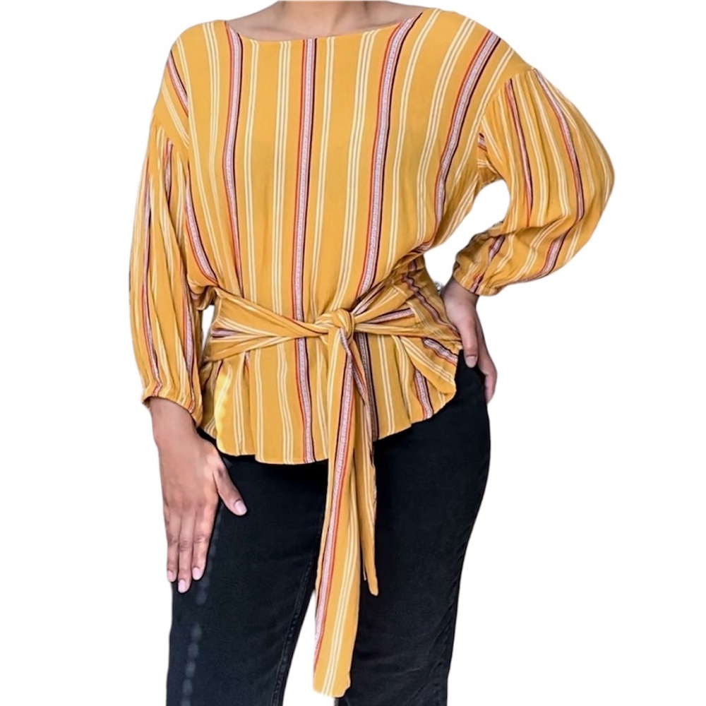 A.n.a Elegant Yellow Striped Blouse w/Tie and Keyhole Accent
